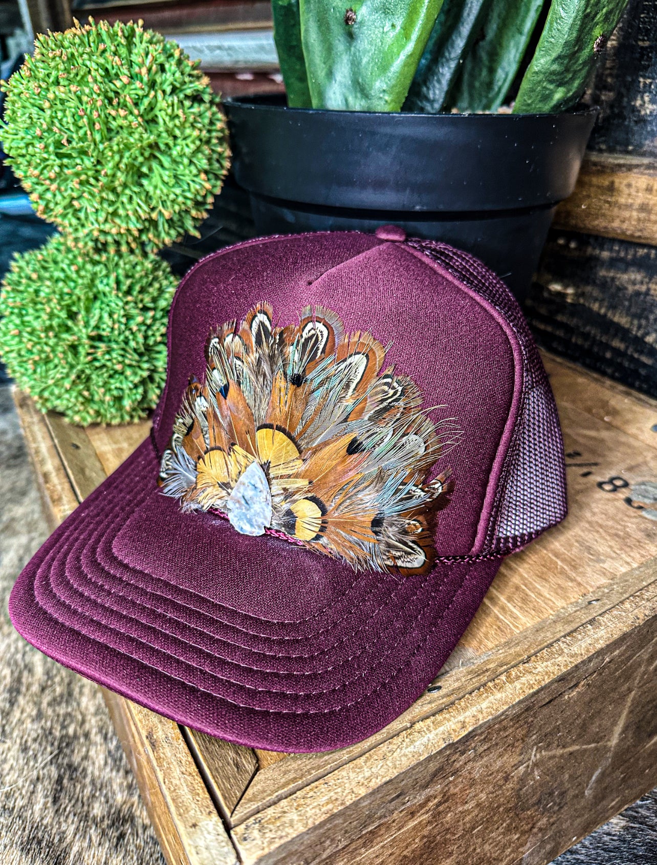 Lainey Feather Trucker-Burgundy