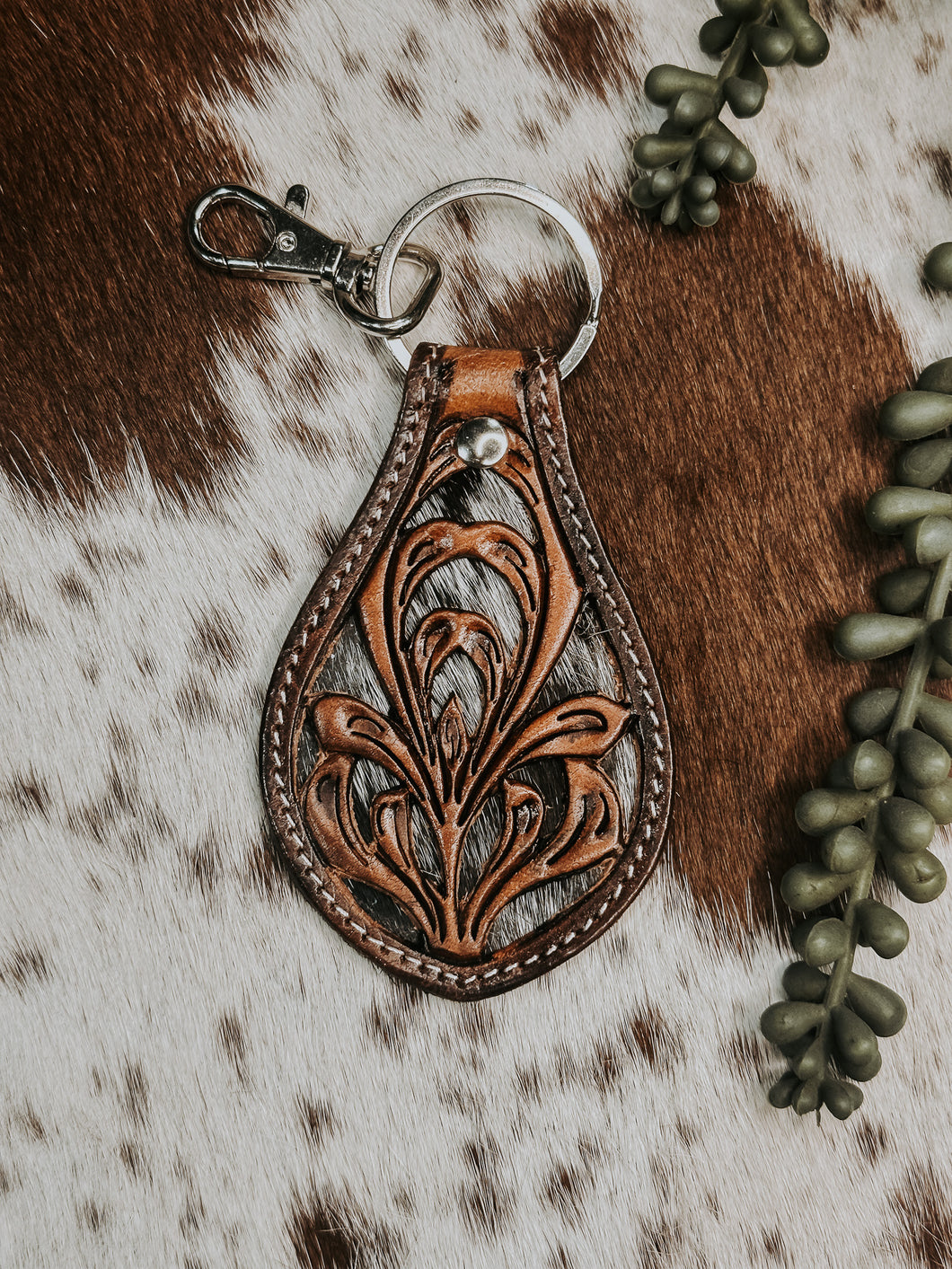 Cowhide Tooled Keychain