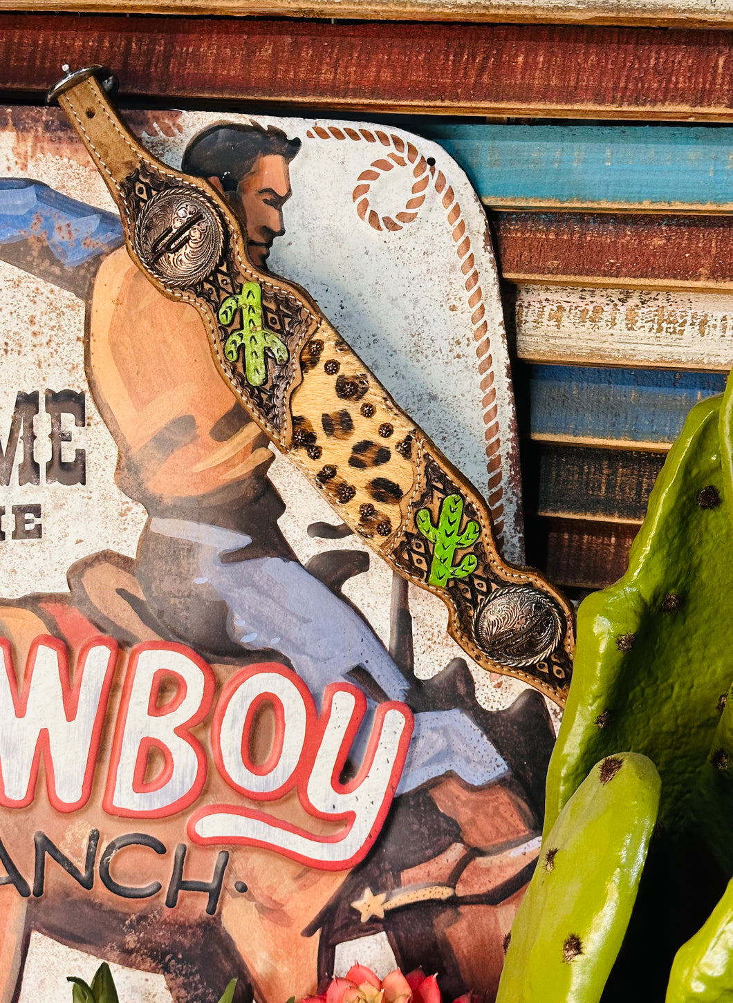 Tooled Cactus & Leopard Whither Strap